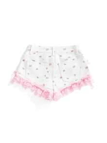 Sweetness Women's Sweet Ditsy Floral Bow Decor Contrast Lace Denim Shorts, Summer - White - View 2