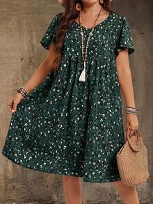 EMERY ROSE Plus Size V-Neck Short Sleeve Casual Dress,Country Vacation Outfits Woman,Simple And Fashionable For Everyday Wear,Summer Tops Women,Summer - Dark Green - View 5