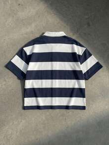 SUMWON Striped Polo Shirt With Los Angeles Print And Contrast Shoulder Panels Collared Button Placket Short Sleeve Regular Fit - Navy Blue - View 5