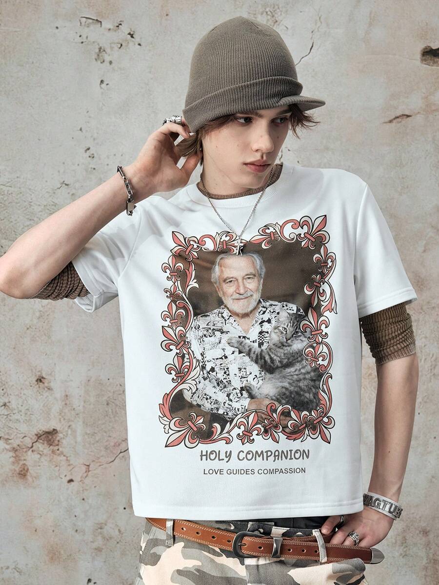 ROMWE MEN Street Life Men's Waffle Texture Portrait T-Shirt - White - View 1