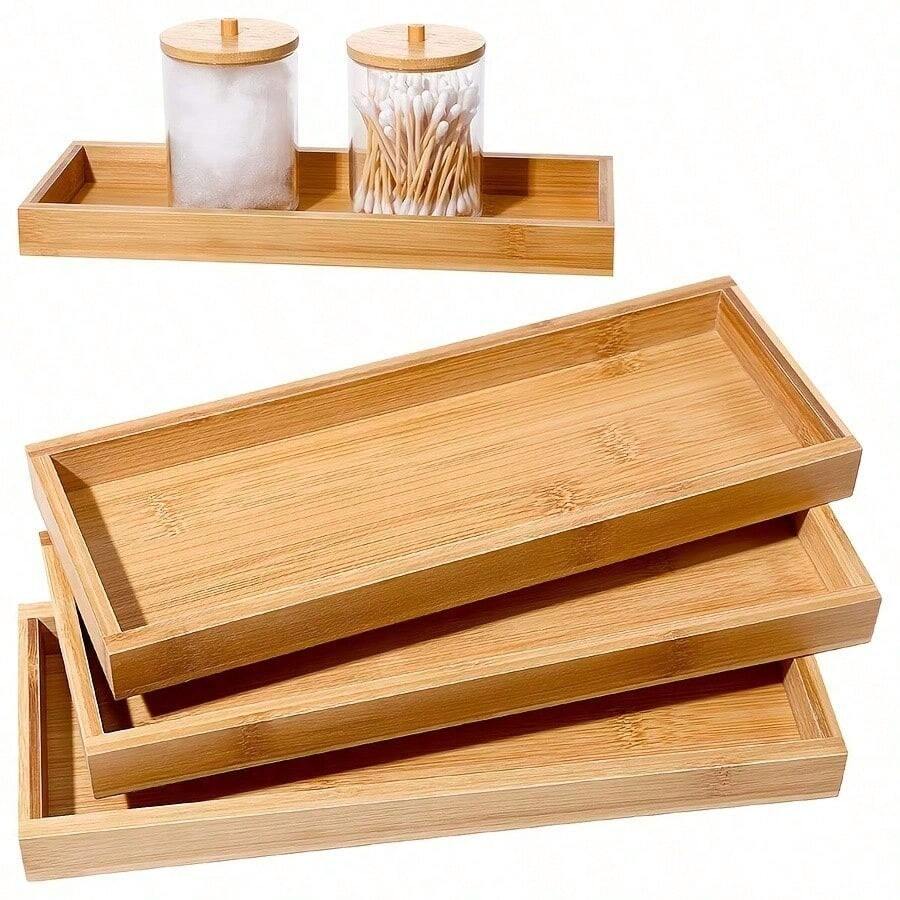 Khay phục vụ bằng tre (1 cái/2 cái/3 cái), khay đựng đồ dùng phòng tắm trang trí đa năng, khay để bàn phòng tắm có viền, khay trang điểm bằng tre dùng để đựng khăn giấy, nến, trang sức, mỹ phẩm. - Nhiều màu - Xem 1