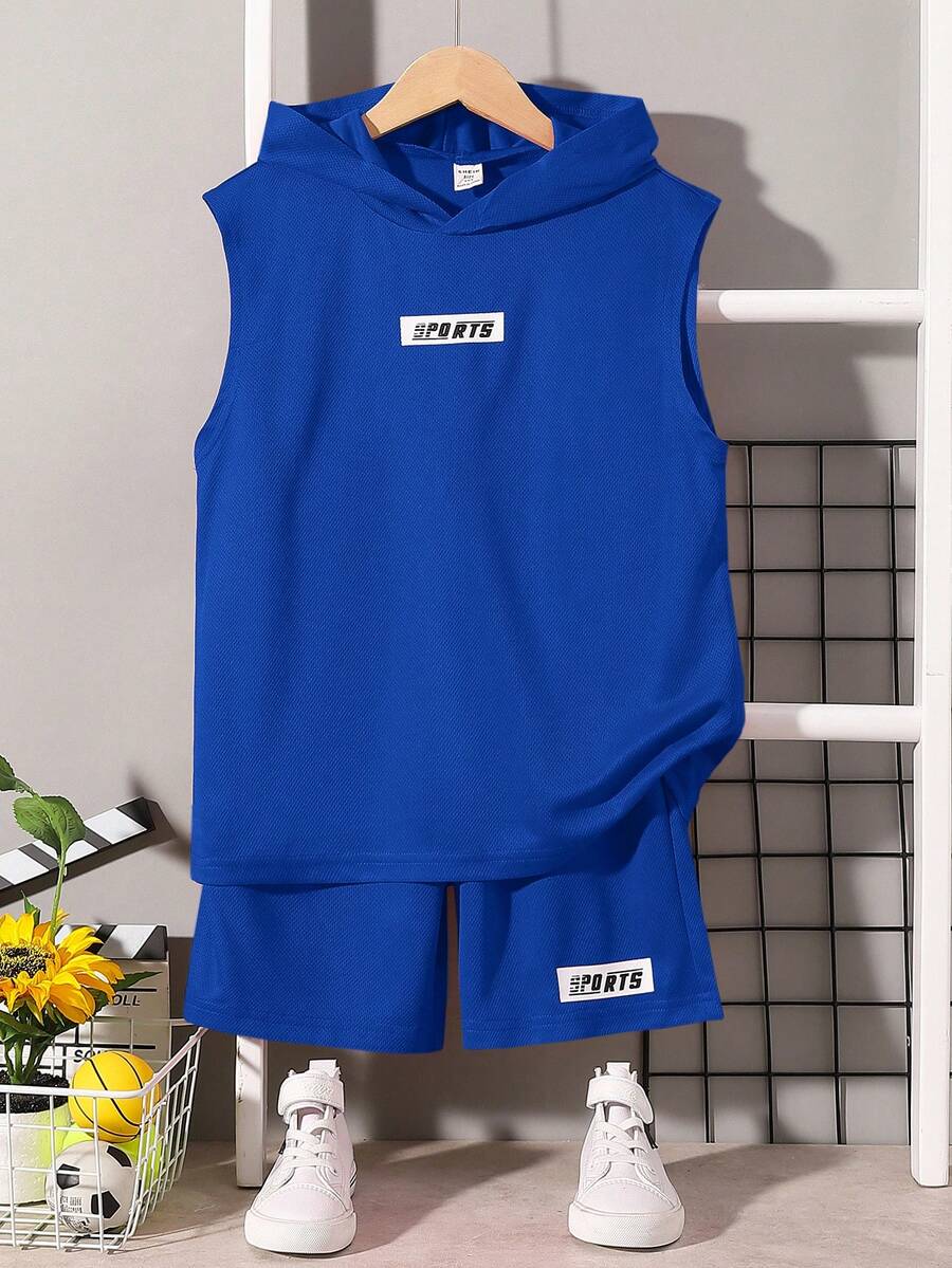 SHEIN Setelan 2 Potong untuk Anak Laki-Laki Usia Remaja: Hoodie dan Celana Pendek dengan Motif Huruf Longgar - Royal Blue - View 1