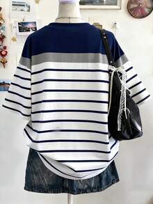 Lalippa Kaos Kasual Longgar Motif Garis Klasik, Musim Panas - MultiWarna - View 2