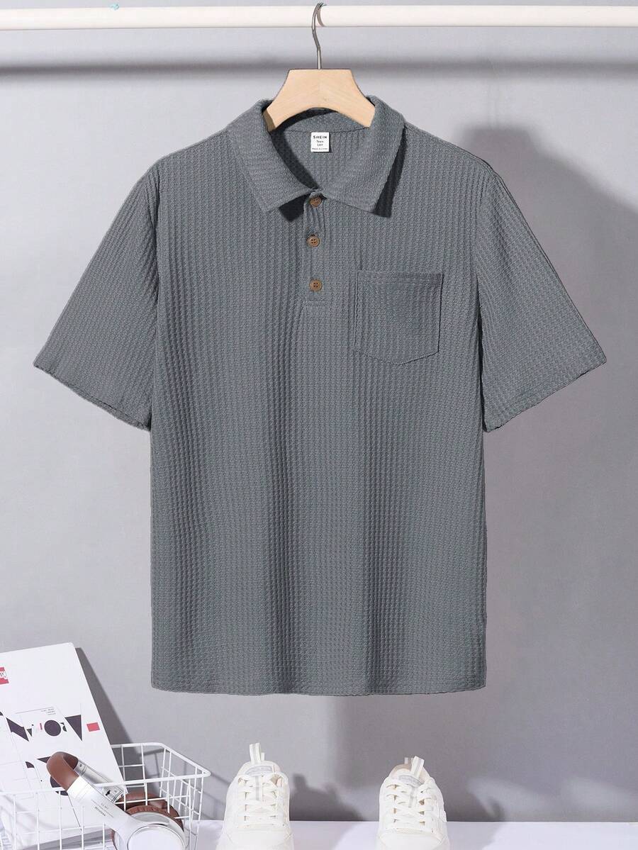 SHEIN Teen Boys' Casual Comfortable All-Match Solid Color Waffle Texture Polo Shirt, Versatile, Suitable For Spring And Summer - Grey - View 1