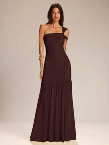SHEIN BAE Đầm chữ A màu vàng trơn, thiết kế bất đối xứng vai, dành cho nữ, kiểu dáng thanh lịch, thích hợp cho kỳ nghỉ, đầm phù dâu, và mùa tốt nghiệp. - Cà phê nâu - Xem 3