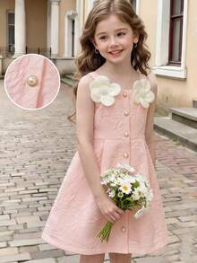 Elladie kids 一件白色提花无袖女童连衣裙，正面饰有一排金色纽扣，肩部点缀两朵3D白色玫瑰，修身A字廓形，方形肩带，复古又不失优雅，适合派对、庆典、节日以及春夏外出和返校穿着。 - 粉色 - 查看 6