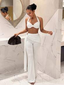Slaydiva 2025 Summer Fashion: A Versatile, Basic, Casual, And Stylish Two Pieces Set For Summer, School, Everyday Wear, Vacation, Beach, Sunbathing, And Street Style. Features A Halter Neck, Tie-Up, Twisted Bra Cup Top, And Flared Trousers. - A,Vacation Outfits Women - White - View 4
