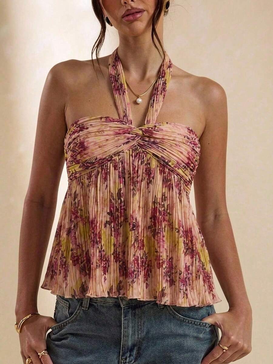 SHEIN BAE Áo kiểu cổ yếm xếp ly in hoa màu hồng, thích hợp cho mùa xuân/hè. - Hồng - Xem 1