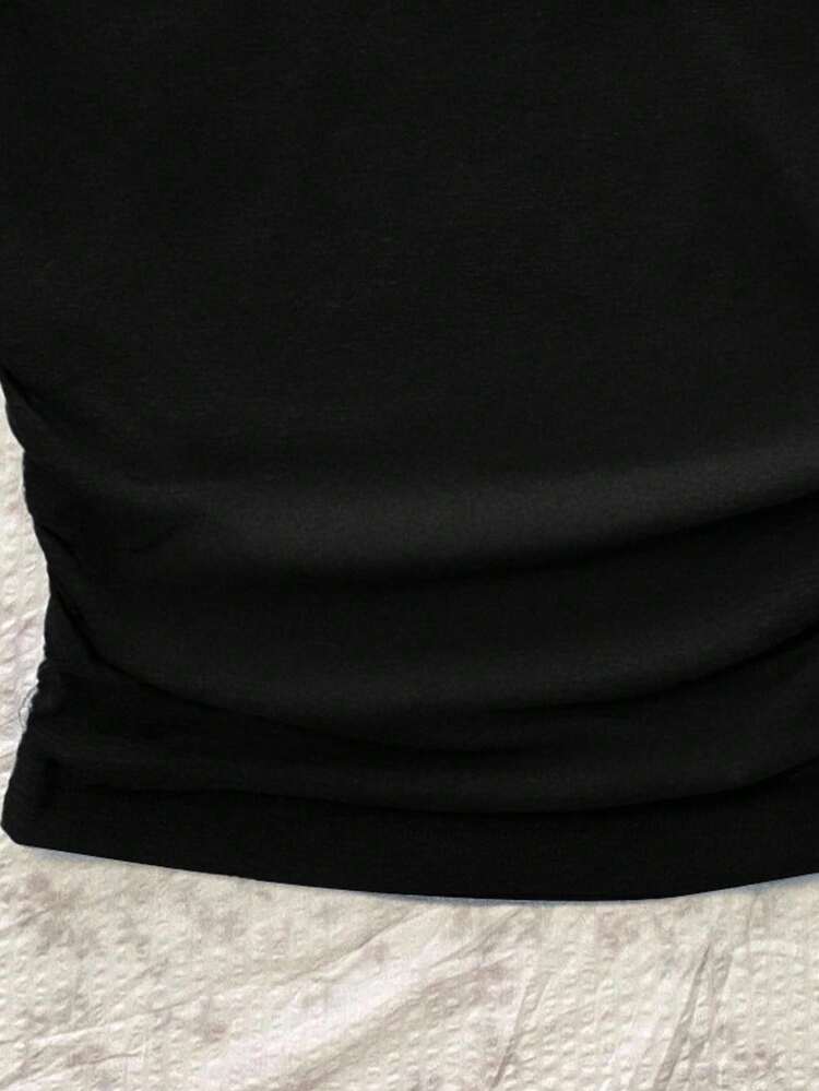 Attitoon Y2K 大码女式黑色单肩短袖 T 恤，吉他图案，西部音乐节风格，褶皱腰身修身剪裁，适合春夏穿着，适合学校、街头、朋克、嘻哈、音乐会、派对等场合。 - 黑色 - 查看 6