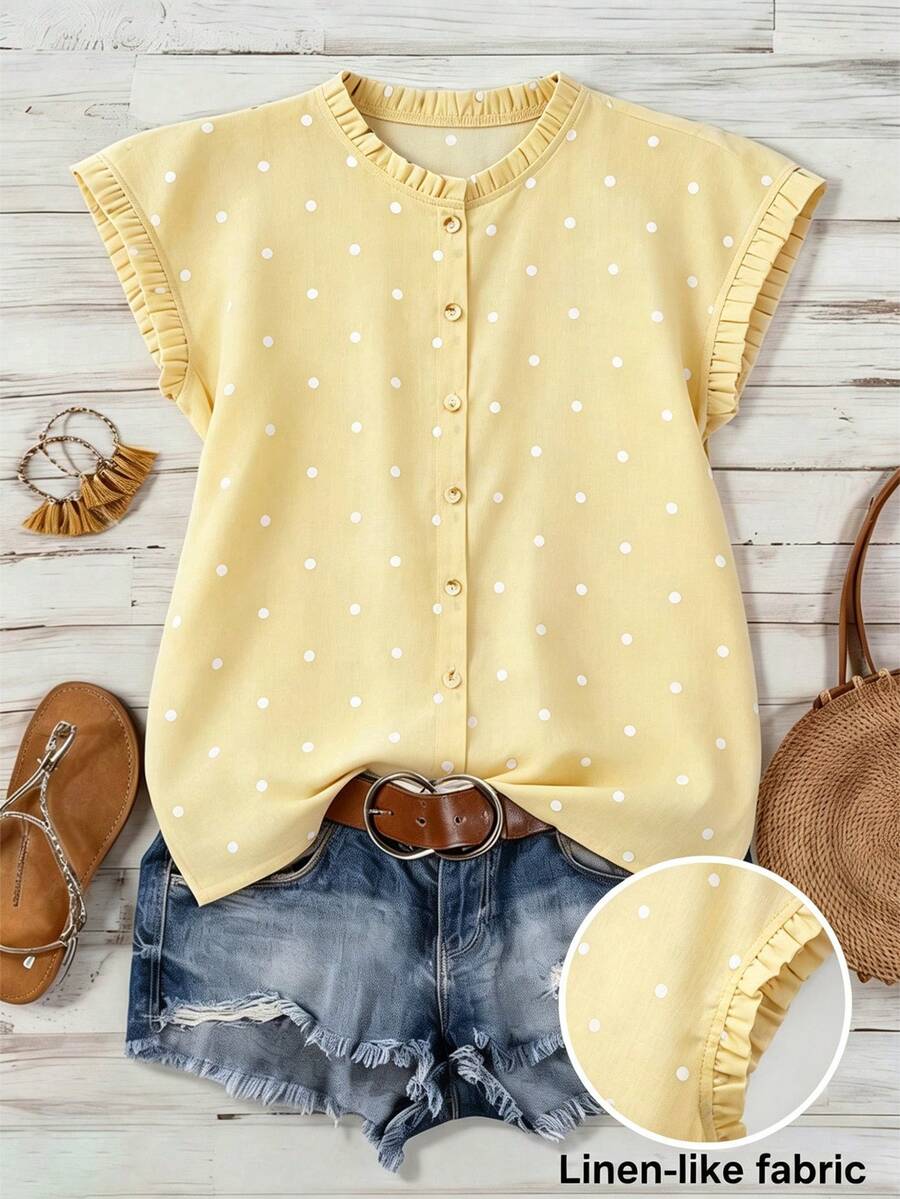 Franclia Blusa de mujer con cuello redondo, sin mangas, abotonada, con volantes y estampado de lunares vintage francés, versátil para el trabajo, el té de la tarde y el uso diario, suelta y casual - Amarillo claro - Ver 1