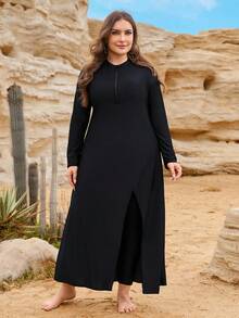 SHEIN Swim 2026 New Plus Size Women 2 Pieces Set, Long Robe With Slit Top And Matching Pants, Black Burkini Zanzea Dress Beach Vacation Summer Modest - Black - View 3