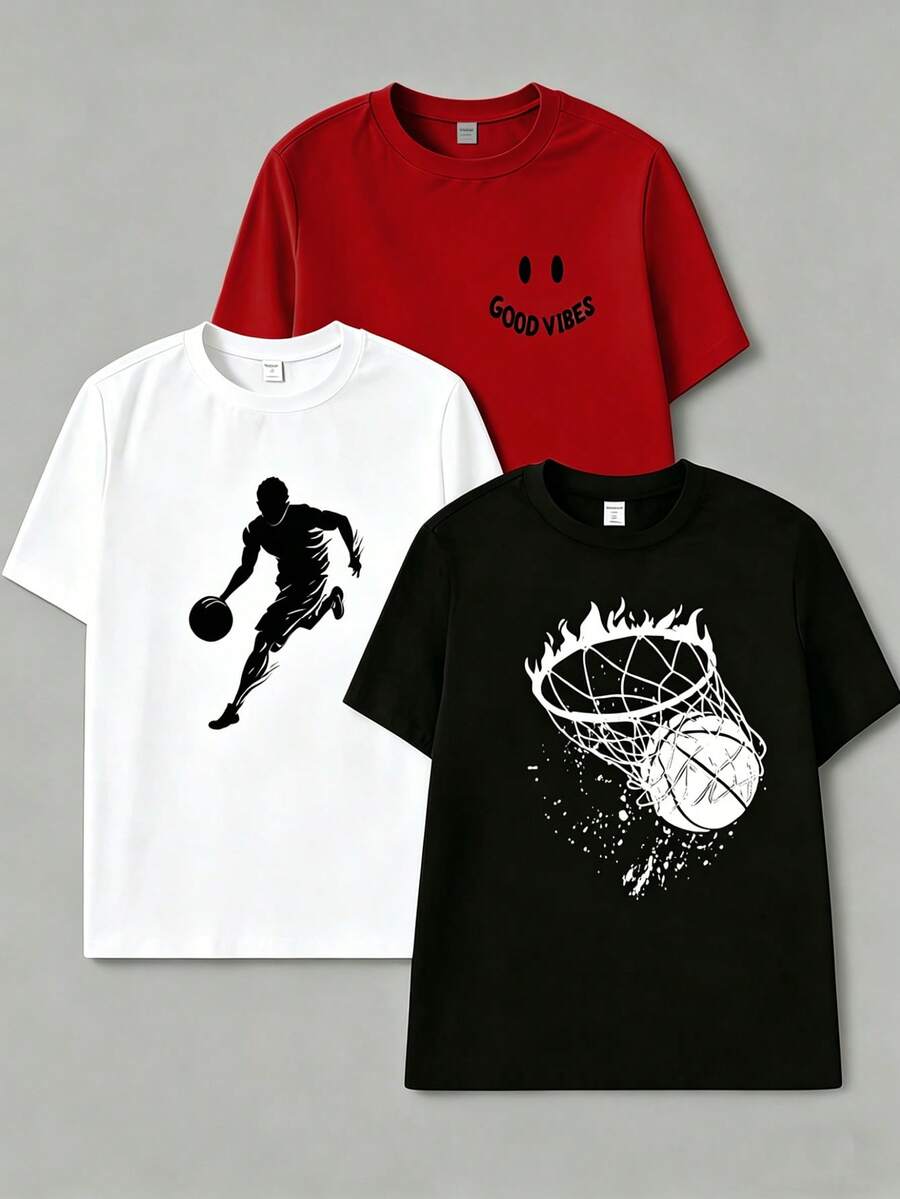 SHEIN Coolqubz 3pcs/Set Casual Round Neck Short Sleeve Tops For Teenage Boys, Suitable For Outdoor Sports In Summer - Red - View 1