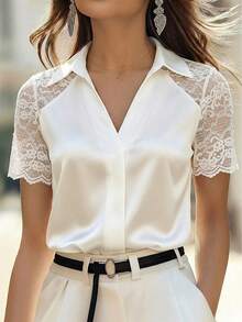 Balvessa 女士蕾丝领短袖通勤优雅休闲白色针织弹力亮面T恤 - 白色 - 查看 3