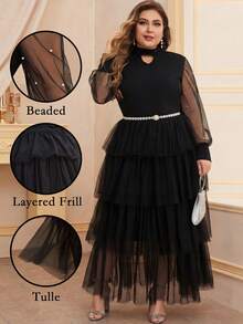 Modelyn Plus Keyhole Neck Pearls Beaded Layered Mesh Hem Dress Without Belt - Black - View 2