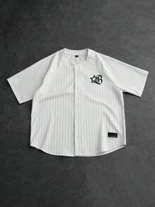 Manfinity EMRG 男士休闲条纹星形印花纽扣前襟插肩袖衬衫，夏季 - 彩色 - 查看 1