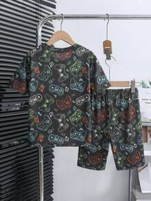 Conjunto de pijama casual cómodo de 2 piezas para niños y niñas preadolescentes, con camiseta de manga corta de cuello redondo con gráfico de consola de juegos de dibujos animados y pantalones cortos - Multicolor - Ver 4