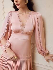 ZEYLAH Women's Lace Patchwork Pleated Waist Fitted Dress, Autumn/Winter - Pink - View 2