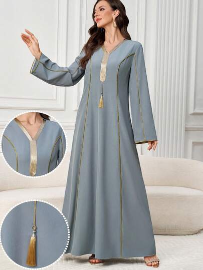Al Najma Women's Elegant Arabic Style V-Neck Long Sleeve Dress With Ribbon Trim