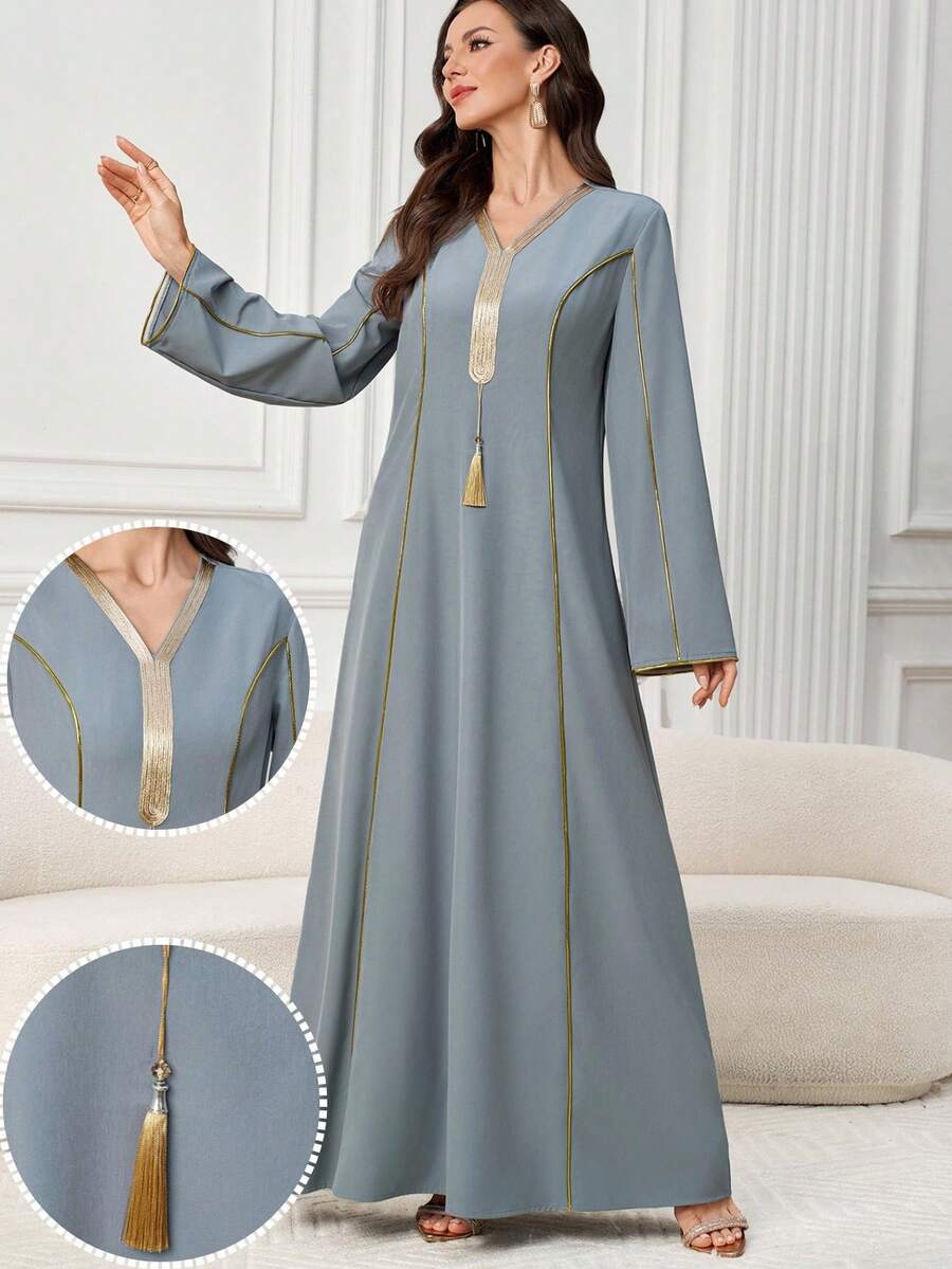 Al Najma Women's Elegant Arabic Style V-Neck Long Sleeve Dress With Ribbon Trim