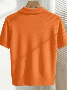 Franclia Women's Spring/Summer White Simple Casual Turndown Collar Raglan Short Sleeve Solid Color Fitted Knit Top - Orange - View 2