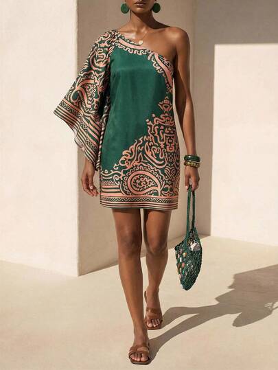 Zivah Spring/Summer New Music Festival, Easter, St. Patrick's Day, Valentine's Day, Date, Western, Nomadic, Birthday Party, Graduation, College Style, Student, Daily Wear, Basic Versatile, Casual, Vacation, Cruise Travel, Beach, Sunbathing, Viral , Streetwear, Wedding Guest, Commuter, Brunch, Airport, Party, Holiday Outing, Office Wear, One-Shoulder, Asymmetric Sleeve, Short Length, Printed, Print, Green Mini Dress