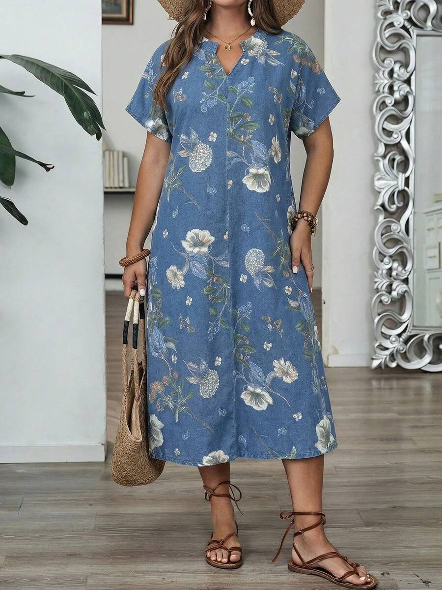 EMERY ROSE Mature Denim Đầm denim cổ chữ V in họa tiết dành cho nữ cỡ lớn - Nhiều màu - Xem 1