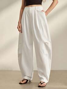 Anewsta Women's White Oversized Casual Loose Barrel Leg Pants With Stacking Effect - White - View 5