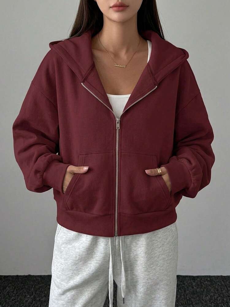 Women's Solid Color Drop Shoulder Long Sleeve Zipper Front Casual Pocket Sweatshirt Hoodies