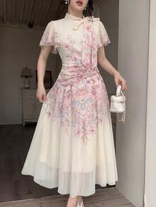 Modelyn 女士系带腰部褶皱印花喇叭连衣裙 - 粉色 - 查看 6