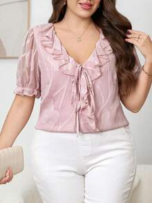SHEIN Clasi Plus Size Women Cutout Ruffle Tie Front Blouse Tea Party Light Pink Summer - Pink - View 3