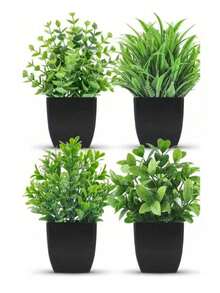 MEHELANY 4件套仿真绿色植物迷你盆栽套装，假花盆，塑料仿植物，黑色花盆，适用于家居、办公室、餐桌、农舍、浴室、庭院、礼品、花园、户外植物、园艺、人造花（1件随机） - 綠色 - 查看 9