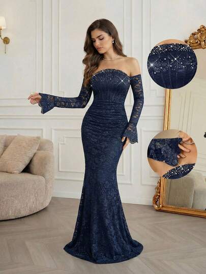 Modelyn Faux Pearl Lace Off-Shoulder High-End Evening Gown, Elegant Luxury Party Dress Navy Blue Formal Dress Off Shoulder Formal Dress Dark Blue Dresses Elegant Dresses Sexy Elegant Dress Elegant Long Dress Lace Formal Dress Prom Dress  Graduation Ceremony, School Opening, Music Festival, Birthday Party, Wedding, Afternoon Tea Gathering, Ball