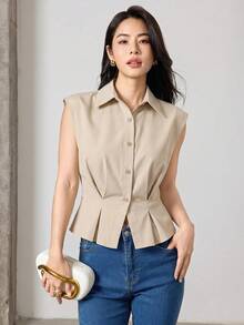 Heiryn Camisa Feminina Sem Mangas com Botões, Casual e Adequada para o Trabalho - Caqui - Visão 3