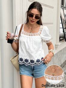 Serisse Women's Contrast Color Square Collar Short Sleeve Lace Patchwork Embroidered Floral Blouse, Summer,Summer Top - Baby Blue - View 8