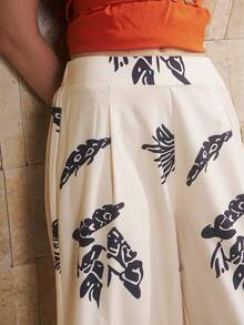 Pantalones de pierna ancha y fluida de cintura alta con estampado floral, estilo vacaciones - Albaricoque - Ver 7