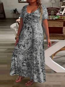 Vestido maxi de talla grande con estampado de plantas y cuello en V para el estilo de vacaciones de verano para mujeres - Gris - Ver 3