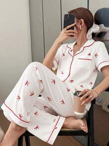 Napfluff 粉色条纹蝴蝶结印花翻领短袖女士睡衣套装 - 白色 - 查看 5