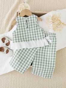 Baby Girl Casual Plaid Floral Round Neck Sleeveless Top And Shorts Set - Green - View 2