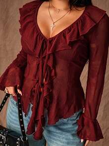 Plus Size Women's Spring Casual Solid Color V-Neck Ruffle Trim Sheer Blouse - Red - View 3