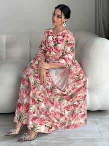 Yasmyna Women's Romantic Elegant Floral Print Flare Sleeve Tie Front Dress, Vacation Style, Spring/Autumn - Multicolor - View 8