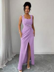 xheSHEIN Elenzya Vestido elegante y romántico para damas, con cuello cuadrado sin mangas, decoración de perlas en la cintura, plisado, abertura, ajustado, ligero, para fiesta y cóctel, con bajo de cola de sirenaxhe - Púrpura malva - Ver 6