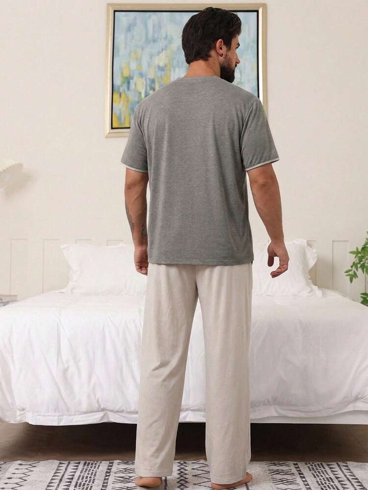 Men's Solid Color Tee And Pants Homewear Set
