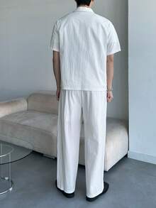 DAZY 男士纯白色短袖衬衫和长裤套装，春夏款 - 白色 - 查看 4