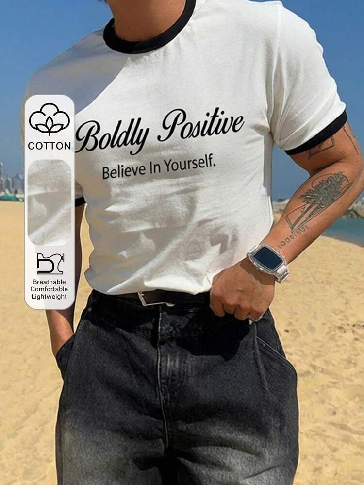 Men's Slim Fit Short Sleeve Letter Print T-Shirt, Summer