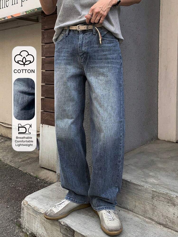 Men's Blue Washed Vintage Denim Jeans, Suitable For Spring And Autumn
