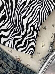 SHEIN Attitoon Women's Casual Asymmetric Ruched Cropped Top, One Shoulder Shirt, Zebra Print Blouse, Suitable For Music Festival, Summer Outfit - Multicolor - View 4