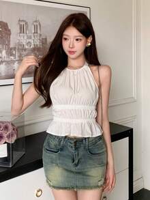 K-Vae New Arrival Spaghetti Strap Ruffle Cold Shoulder Cropped Top,Summer Top - White - View 6