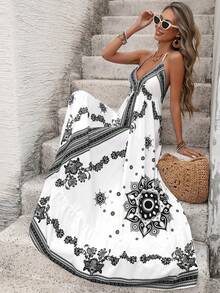 SHEIN Holidaya Vestido Azul e Branco com Estampa de Totem de Resort Tropical Halterneck Finas e Costas Abertas, Primavera/Verão - Preto e Branco - Visão 5