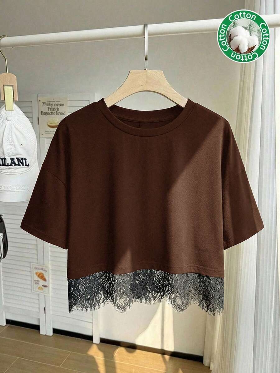 Comfortcana 棕色短袖圆领蕾丝下摆宽松大码女式T恤 - 棕色 - 查看 1