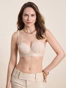 Hourtrue Women's Embroidered Lace Skin-Tone Bra, Side Wings Gather Bust, Front Closure Lift & Support, Anti-Slip & Anti-Sag Backless Bra - Apricot - View 4